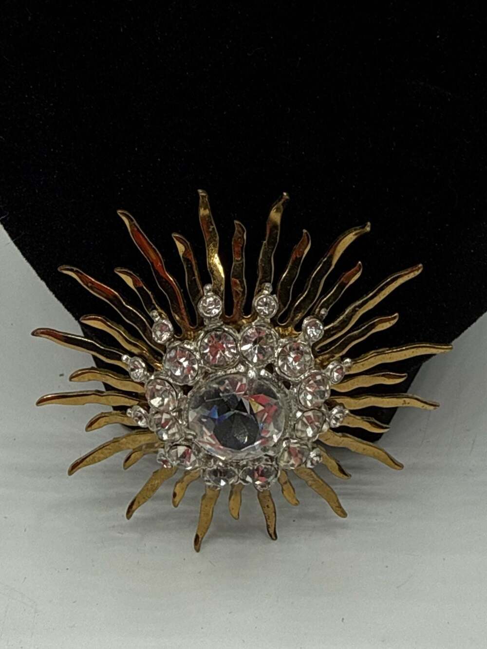 Vintage Rhinestone Sunburst Pendant Gold tone 1950s 1960s